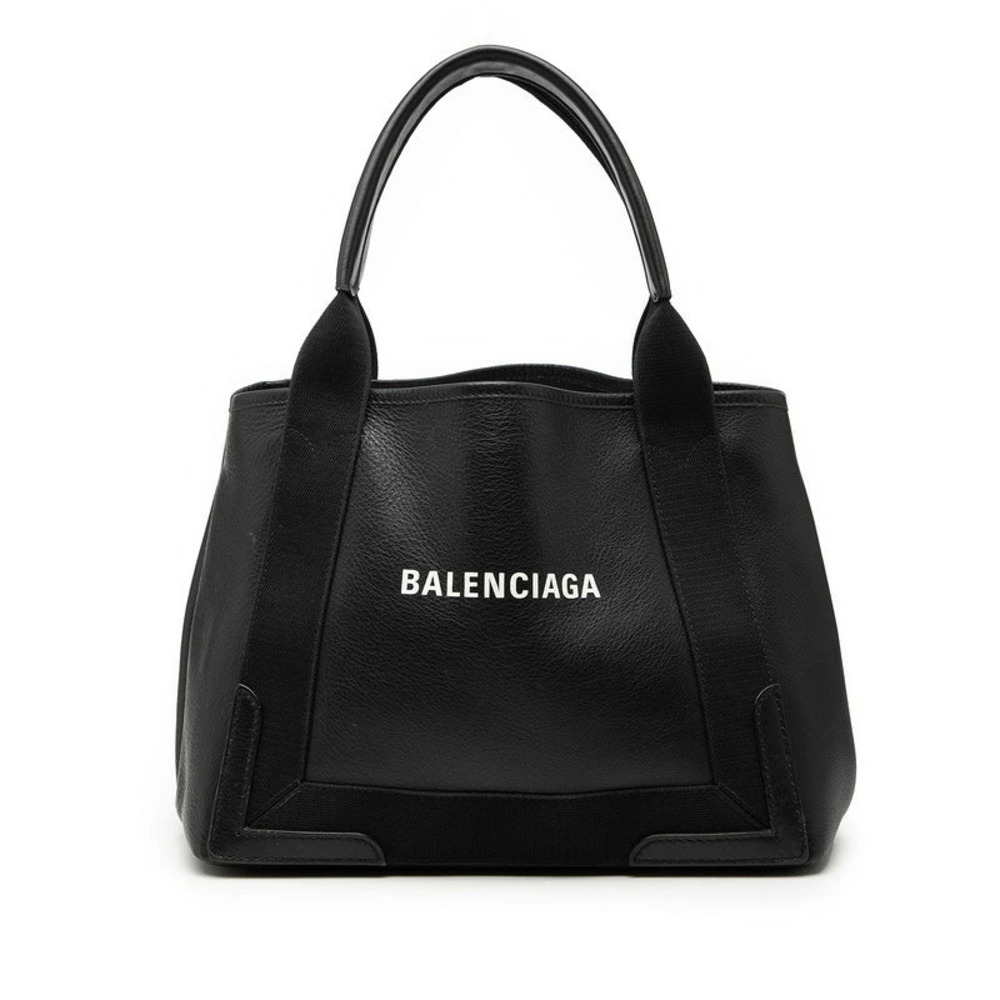Balenciaga Navy Blue Cabas Handbag Tote Bag Black Leather Canvas